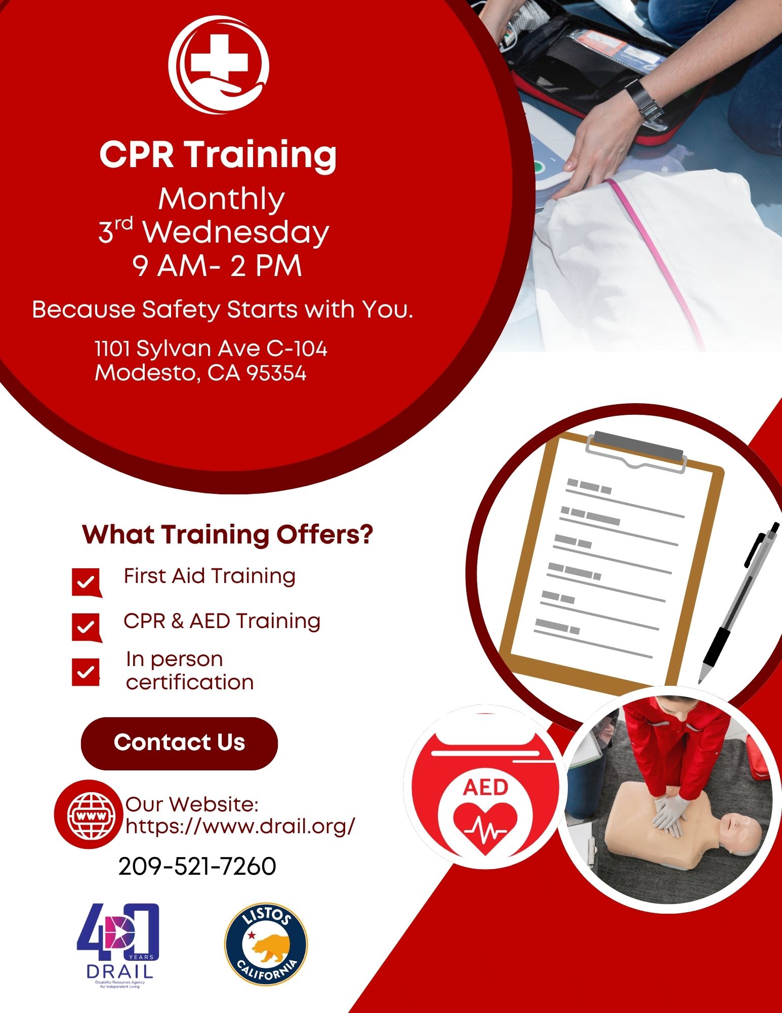 A red-and-white flyer featuring CPR and first aid graphics, including a medical cross, an AED symbol, a checklist illustration, and a person practicing chest compressions on a mannequin. The DRAIL and Listos California logos appear at the bottom.